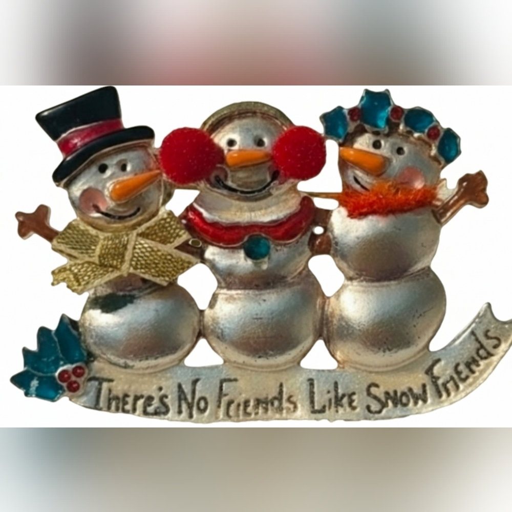 Festive Snowman Holiday Brooch - Silver and Red